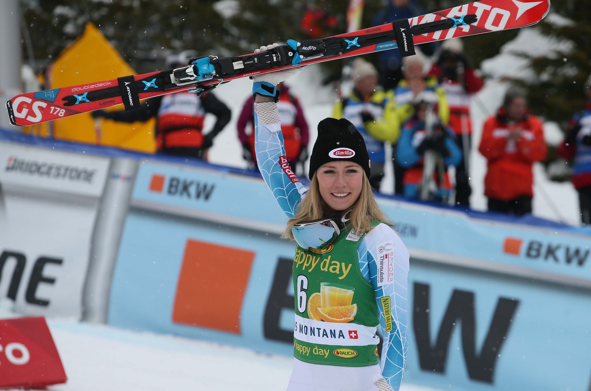 CRANS-MONTANA,SWITZERLAND,15.FEB.16 - ALPINE SKIING - FIS World Cup, slalom, slalom, ladies, award ceremony. Image shows the rejoicing of Mikaela Shiffrin (USA). Photo: GEPA pictures/ Mario Kneisl