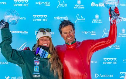 Britta Backlund y Simone Origone levantan los Globos de Cristal 2019 del esquí de velocidad en Grandvalira